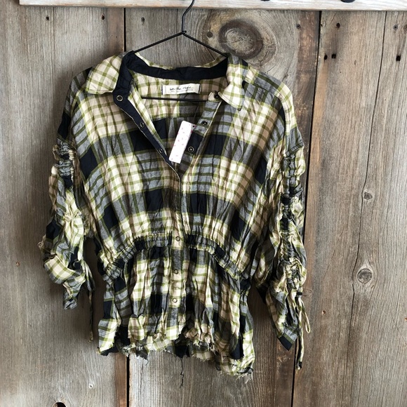 Free People Tops - Free People Black Plaid Ruched Sleeve Pacific Dawn Button Down Shirt Sma…